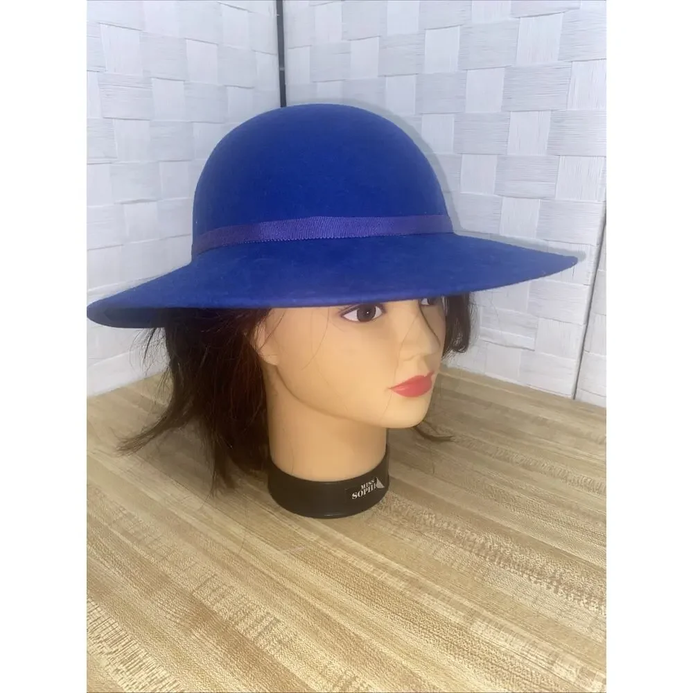 Vintage 60s Royal Blue 100% Wool Peachfelt Hat Ribbon Bow USA Made